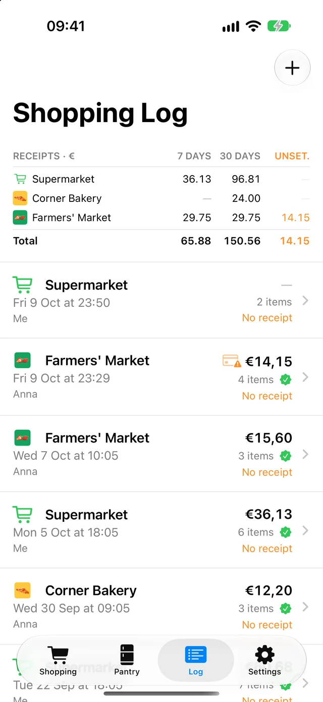 The Log tab: spending per store over the last 7 and 30 days with an unsettled column, then every shopping trip with its total