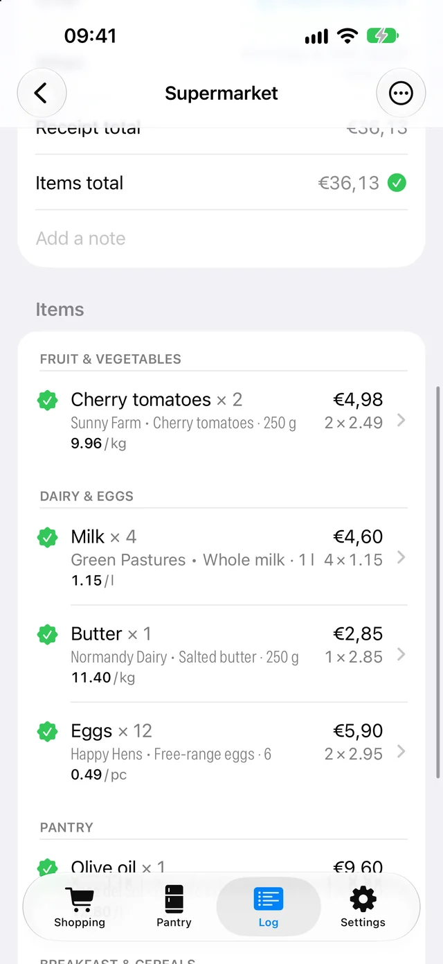 A shopping trip in the Log: each item with its variant, price and price per kilo or litre, and a matching receipt total