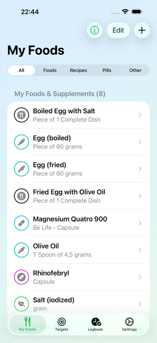 My Foods list